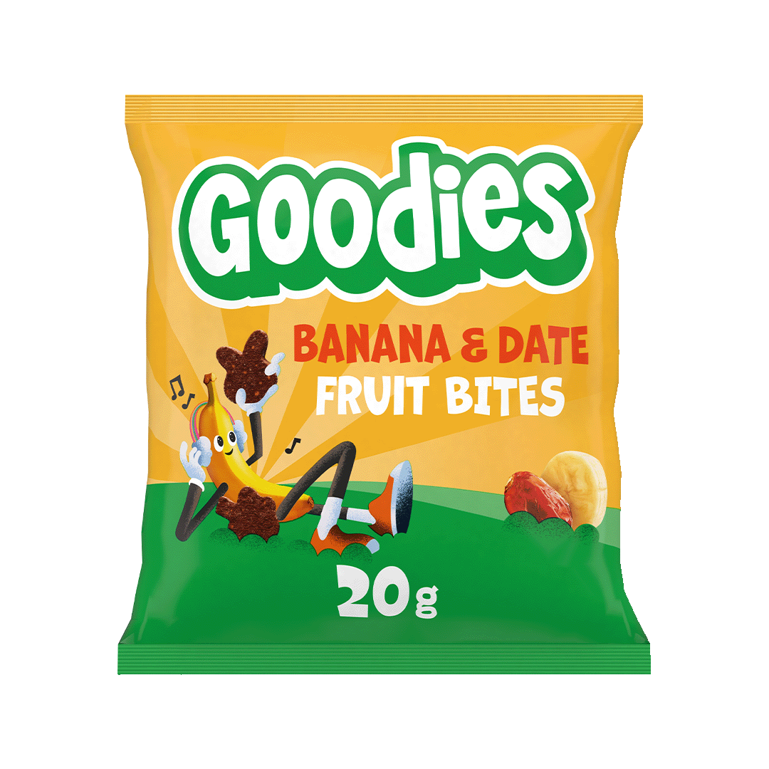 A yellow and green packet of Goodies Banana & Date Fruit Bites with a cartoon banana character dancing among star-shaped fruit bites. The text reads “Goodies Banana & Date Fruit Bites” and “20 g”. Images of a banana slice and a date are shown on the bottom right.