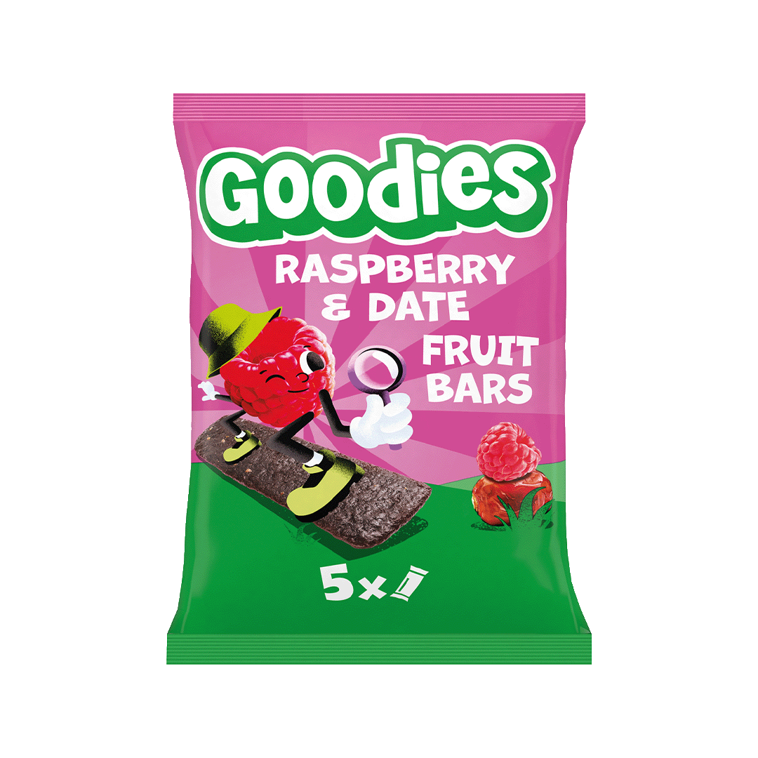 A pink and green packet of Goodies Raspberry & Date Fruit Bars featuring a cartoon raspberry character wearing a green hat and holding a magnifying glass, standing on a skateboard made of fruit bars. The text reads “Goodies Raspberry & Date Fruit Bars” and “5 x 1”. There is an image of a raspberry on the bottom right.