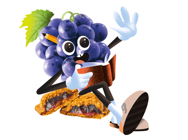 Squish grape character reading a book