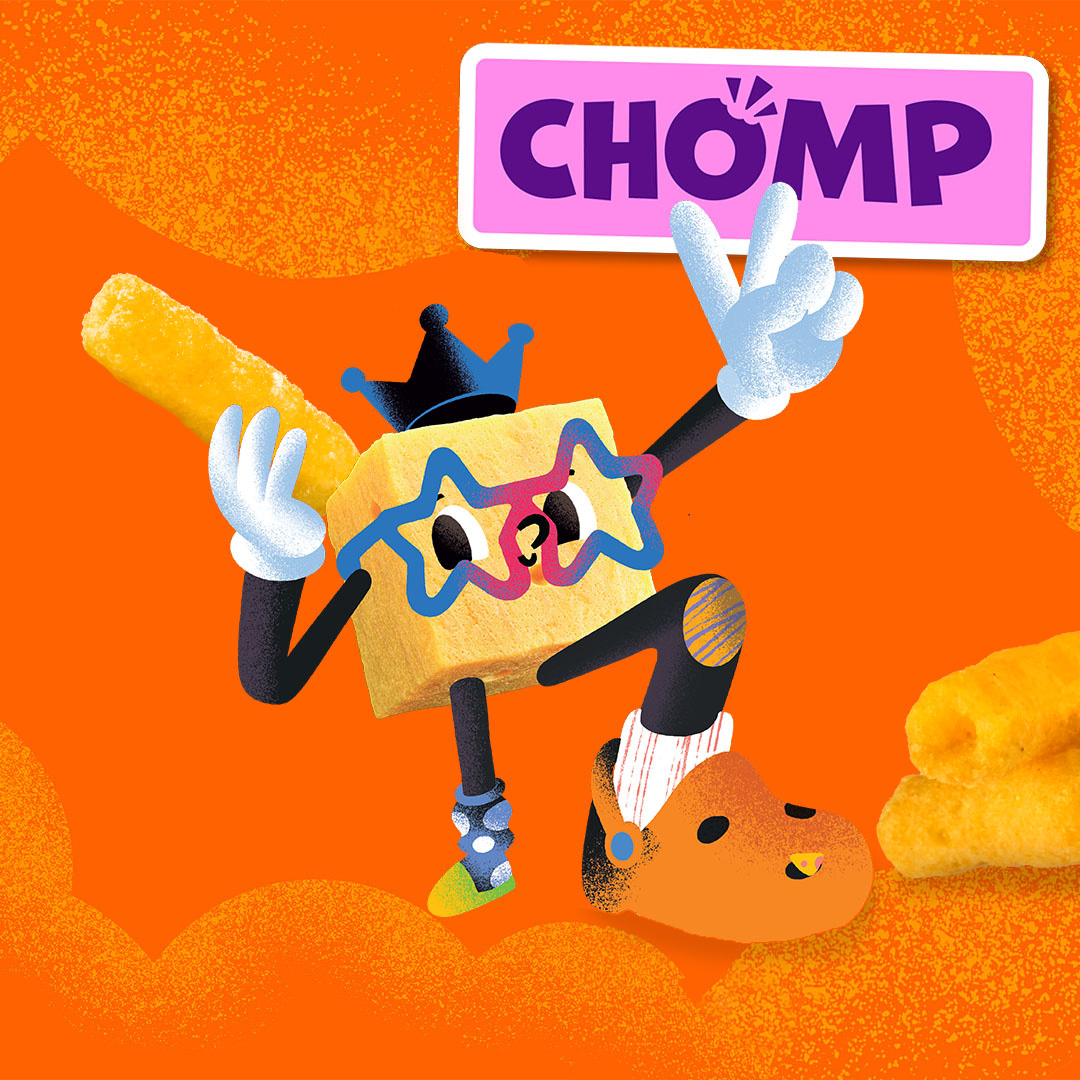 Chomp Goodies character holding snack