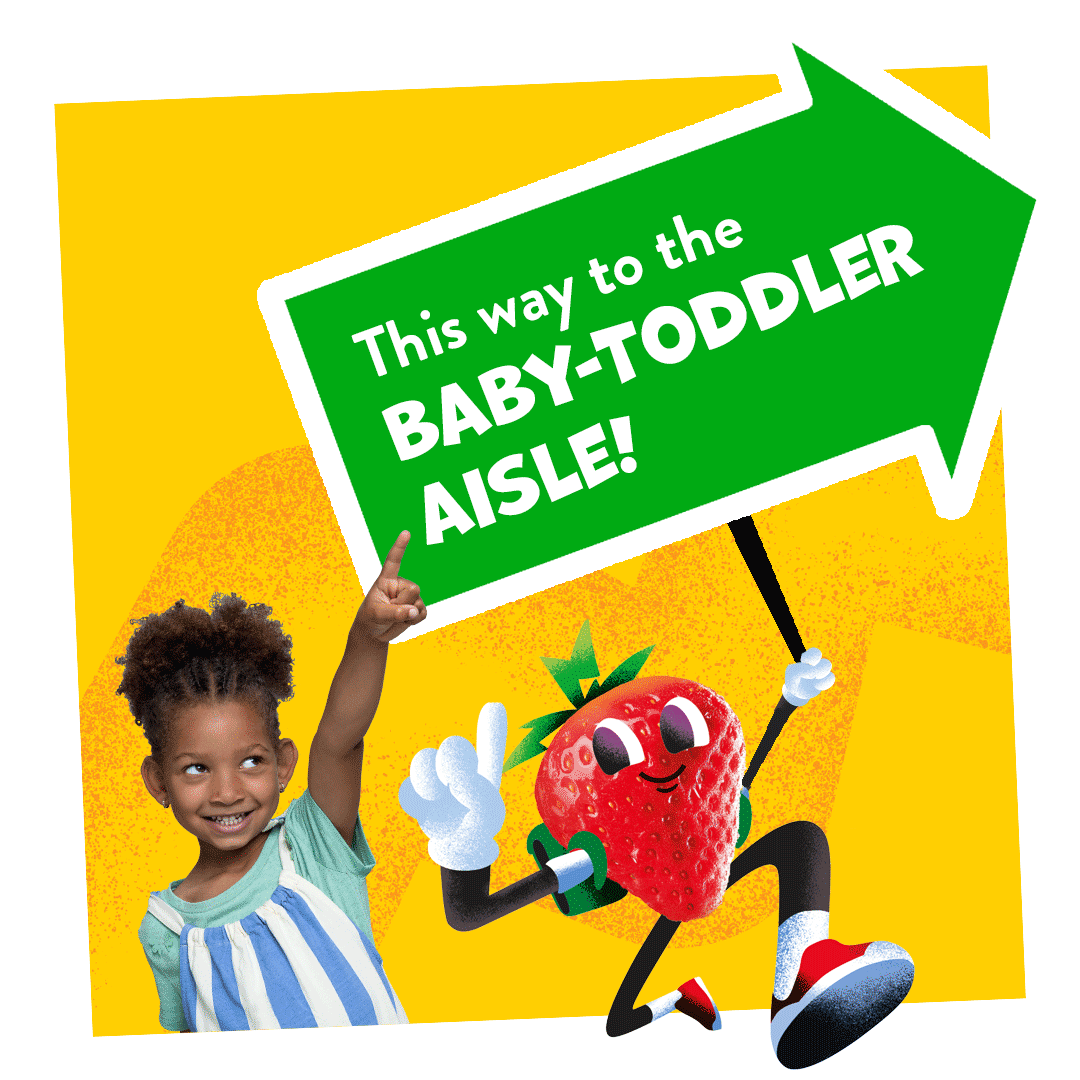 a girl pointing to the baby food aisle