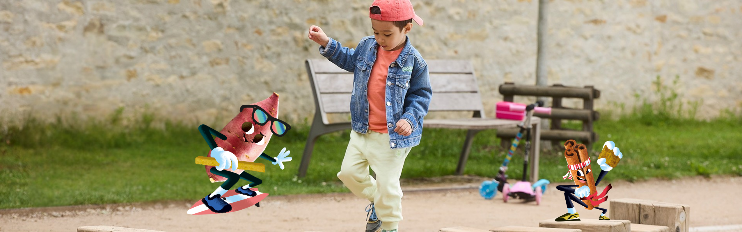 Boy playing with Sweet Potato and Cinnamon characters